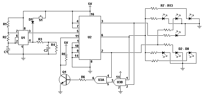 Schematic for the Electronic Dice Circuit