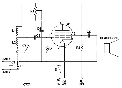 Schematic for the One Tube Regenerative Radio Circuit