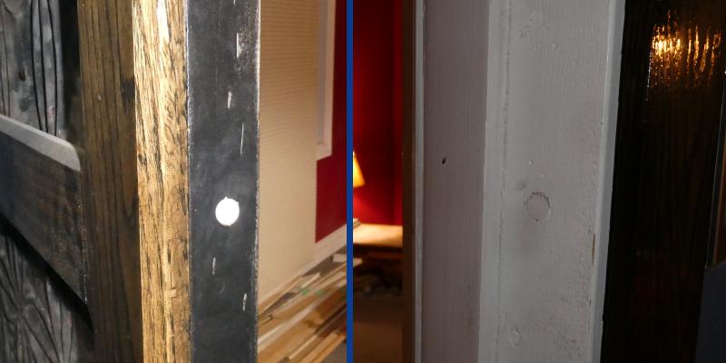 Image of bedroom door magnet mounted in door, magnetic contact sensor mounted in jam