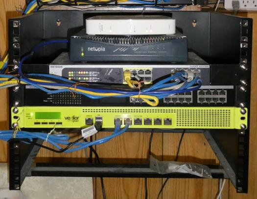 Rack with network switches and Lanner FW-7582 1U server mounted