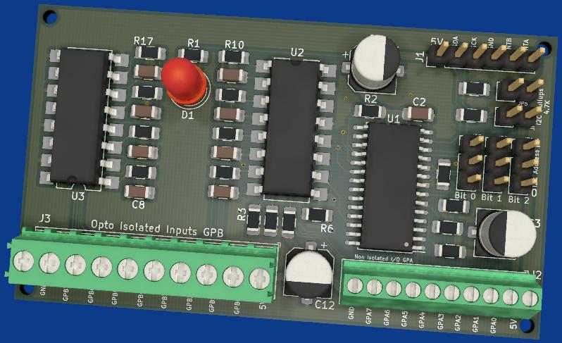 Image of opto-isolated MCP23017 I/O expander board rendered by KiCad
