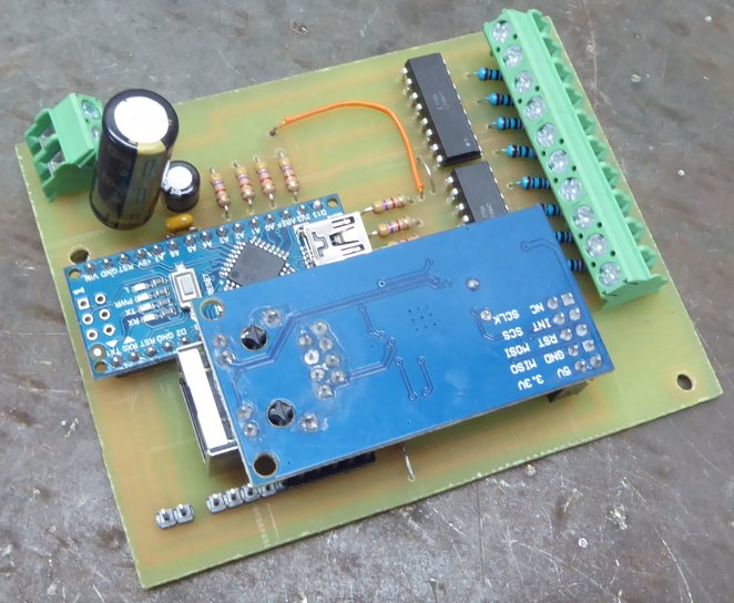 Image of board with Arduino Nano, W5500 Ethernet, opto isolators