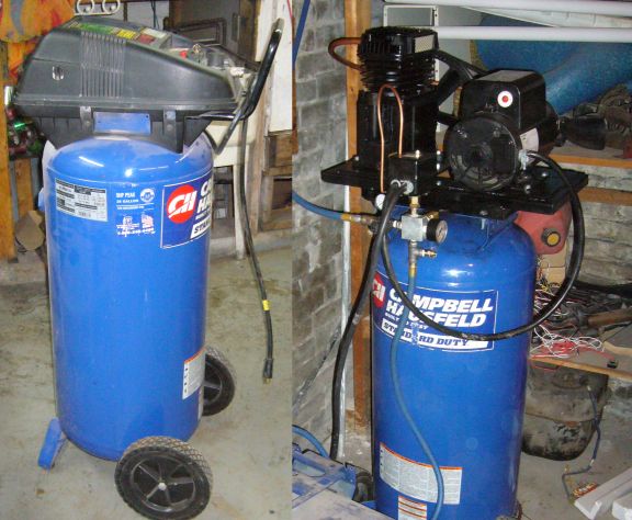 Before and after image of Campbell Hausfeld oil-less 5 CFM compressor upgraded to 2 cylinder 14 CFM